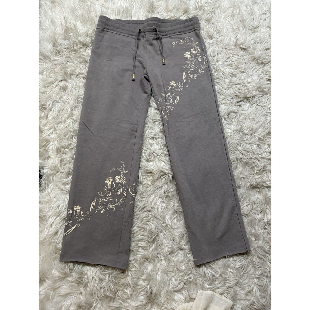 VTG BCBGMAXAZRIA Y2K Lounge Pants Large Grey Bling Embellished Foil Floral Leg